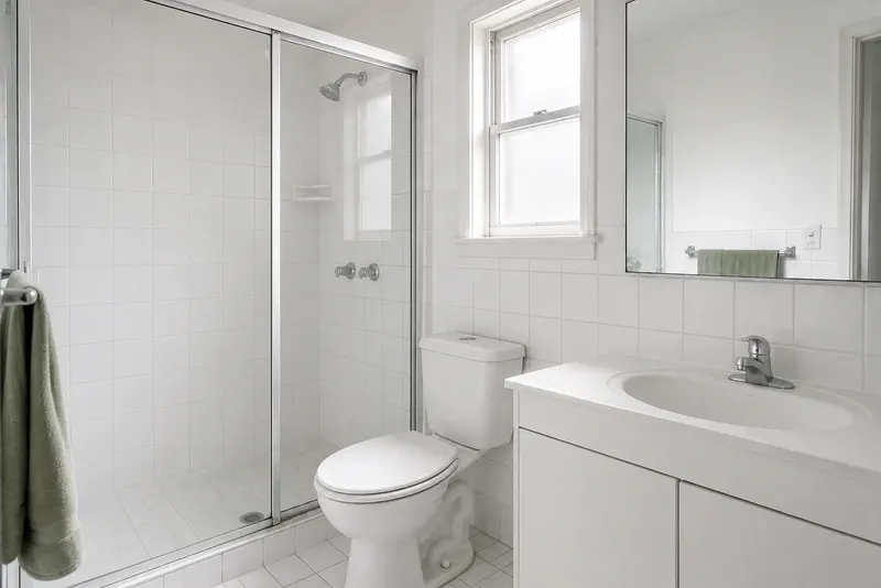The same bathroom after cleaning: clear glass, bright white fixtures