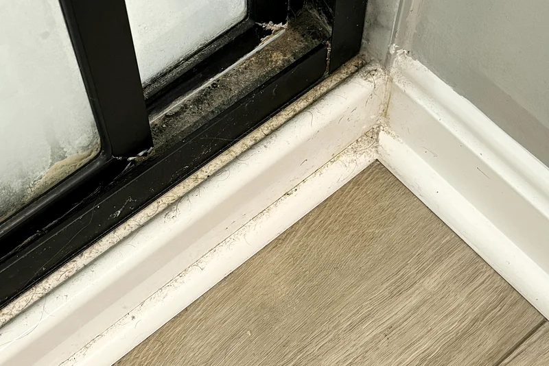 A black shower door frame and floor track before cleaning: grime, mildew and dirt along the baseboard
