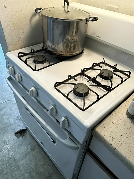 The same gas range after a deep clean: clean burners, bright grates and fresh drip pans