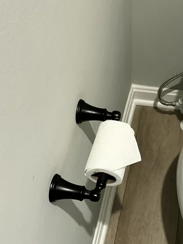 A clean toilet-paper holder on the wall above a wood bathroom floor